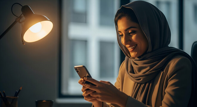 Smiling Muslim woman using a smartphone at her desk illuminated by soft warm light in the evening