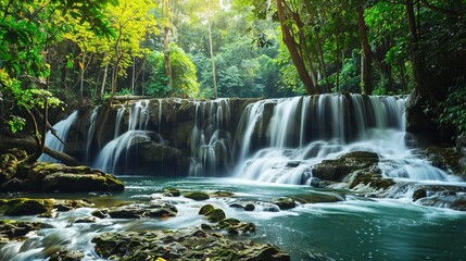 Panoramic Beautiful Deep Forest Waterfall in Thailand: Tropical Jungle Cascades, Scenic Natural Wonders, and Thai Wilderness Landscapes