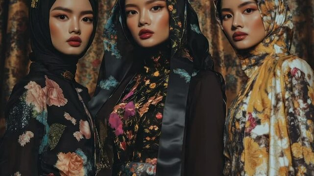 Three models in floral print hijabs and dresses