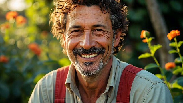 Smiling Middle-Aged Man in Garden Wearing Overalls Surrounded by Flowers Under Warm Natural Outdoor Sunlight

