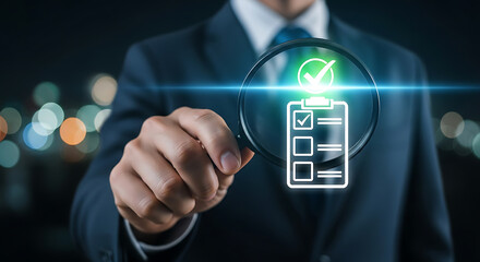Businessman examining checklist with magnifying glass checkmark inspection