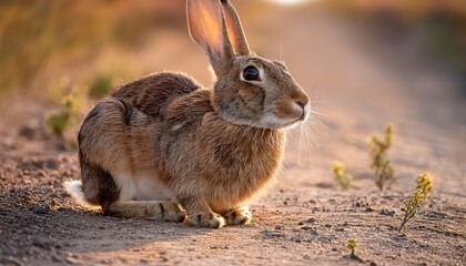 rabbit is sitting on the ground with its head up