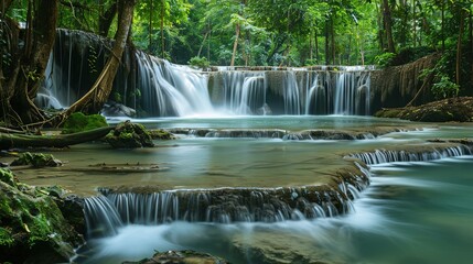 Obraz premium Panoramic Beautiful Deep Forest Waterfall in Thailand: Tropical Jungle Cascades, Scenic Natural Wonders, and Thai Wilderness Landscapes
