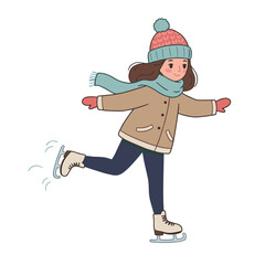 Naklejka premium Girl ice skating in beige coat and winter hat. Perfect for winter sports activities, recreational pastimes, or seasonal outdoor fun.