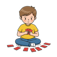 Fototapeta premium Boy playing cards sitting cross-legged. Ideal for illustrating children's games, cognitive development activities, or family entertainment concepts.