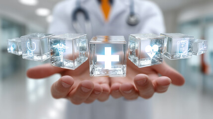 Doctor holds transparent glass blocks with medical symbols, representing holistic health innovation and technology