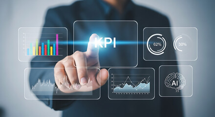 Businessman touching digital screen displaying business analytics and A I data charts