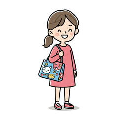 Girl with decorative purse in pink dress. Perfect for children's fashion accessories, shopping concepts, or cute merchandise illustrations.
