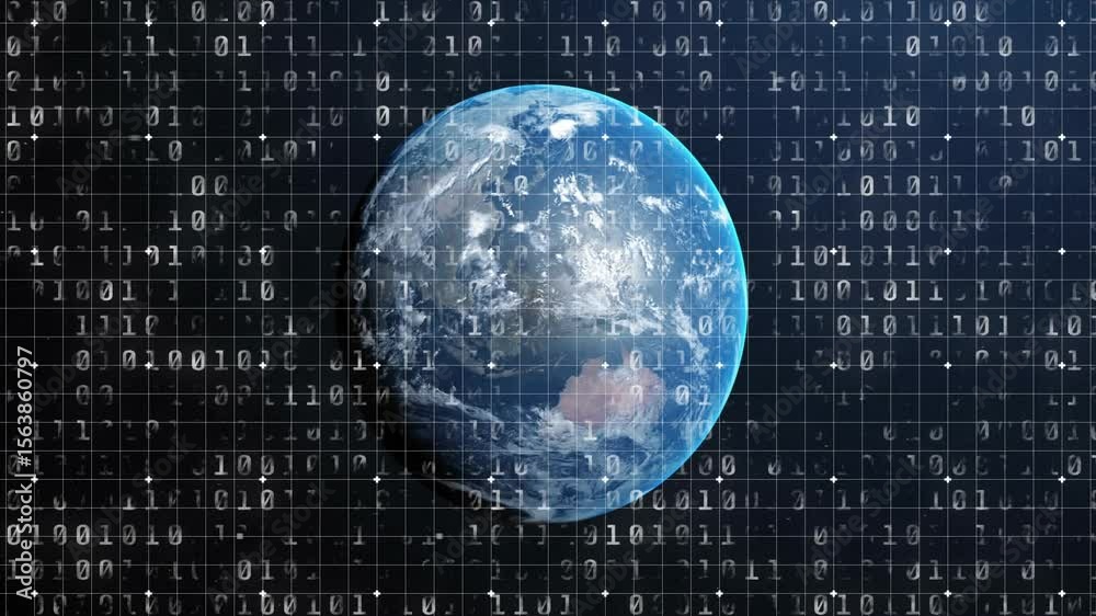 Poster starting 3d globe rotating toward australia with binary grid flickering in space showing data flow