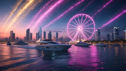 Naklejka premium Futuristic Twilight Waterfront with Cosmic Sky 