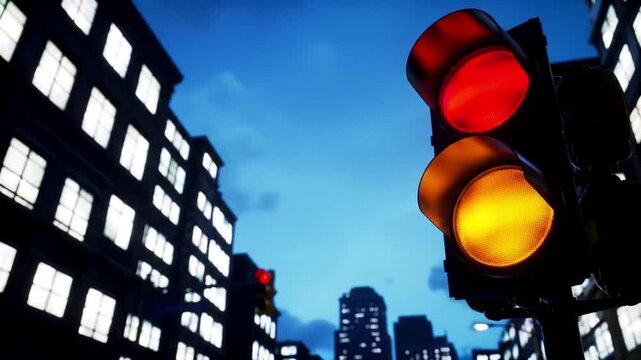 Close-up of red and yellow traffic lights in a city at dusk with illuminated buildings in the background
