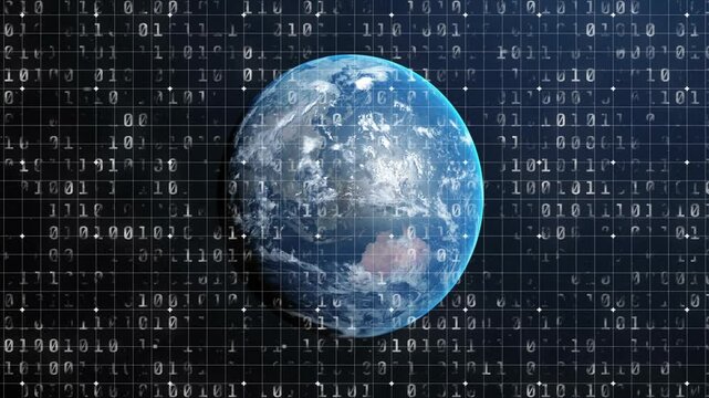 Starting 3D globe rotating toward Australia with binary grid flickering in space showing data flow