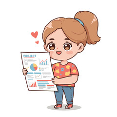 Joyful young girl holding a project report with charts and graphs
