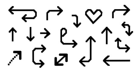 Black pixelated arrow symbols and a heart shape direction pixel art
