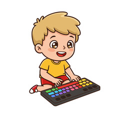 Boy typing on colorful keyboard with enthusiasm. Great for early education and technology learning concepts.