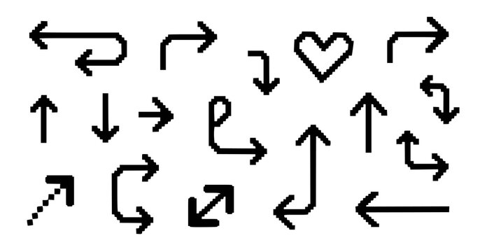 Black pixelated arrow symbols and a heart shape direction pixel art