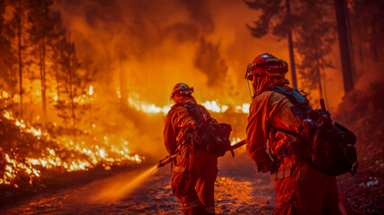 Fototapeta premium In a dramatic moment, firefighters work tirelessly to extinguish a relentless wildfire that engulfs the forest in flames and smoke