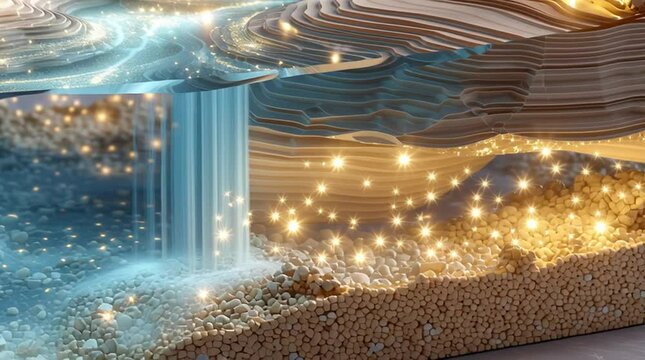 Below-ground drainage system animation, a transparent underground soil layer revealing water flow,  below-ground drainage pipe installation, capturing realistic below-ground drainage methods