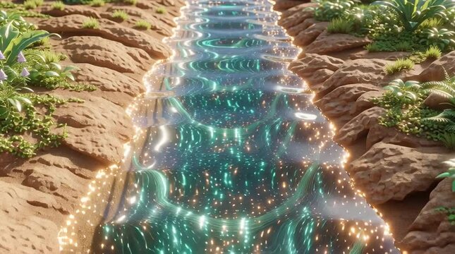 Below-ground drainage system animation, a transparent underground soil layer revealing water flow,  below-ground drainage pipe installation, capturing realistic below-ground drainage methods