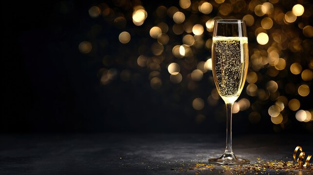 Golden champagne flute with bubbling drink, sparkling lights; celebration and luxury in a festive moment.