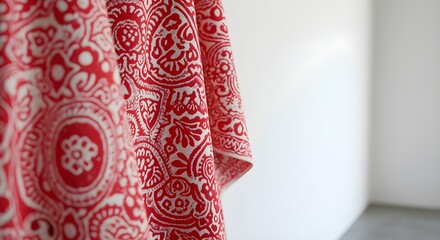 Red and white textile hanging on white wall isolated on white background.