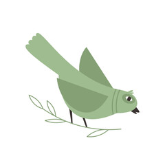 Green cartoon bird sitting on a branch – cute vector illustration