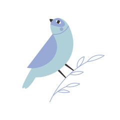 Blue flat bird with big eyes. Funny cartoon bird clipart