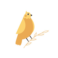 Yellow cartoon bird sitting on a branch – hand drawn bird for postcard, poster and clothing design