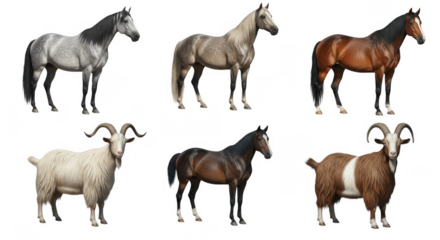 Realistic and Educational Illustrations of Diverse Horse and Goat Breeds for Animal Enthusiasts and Learning, isolated on a transparent background
