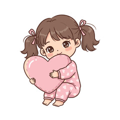 Fototapeta premium Cute girl in pajamas hugging heart pillow. Perfect for illustrating comfort, bedtime routines, and emotional well-being concepts.