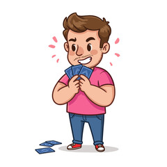 Obraz premium Man excitedly holding winning playing cards. Ideal for illustrating games, entertainment, competition, and strategic thinking concepts.
