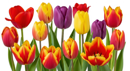 Vibrant Tulip Bouquet in Various Colors for Spring Decor and Floral Arrangements, isolated on a transparent background
