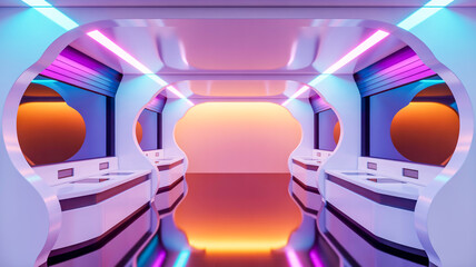 A futuristic interior hallway with curved white architectural elements illuminated by vibrant LED lighting