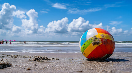 Obraz premium A vibrant beach ball rests on a sandy beach, with the ocean and a partly cloudy sky in the background. A carefree summer vibe.