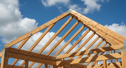 Wooden building frame under construction against blue sky