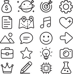 “25 Minimal Black Line Icons – Business, Communication, and Office Tools Vector Set”