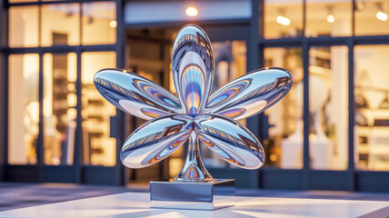 A modern artistic sculpture of a four-petal flower made of polished chrome with a metallic silver finish.