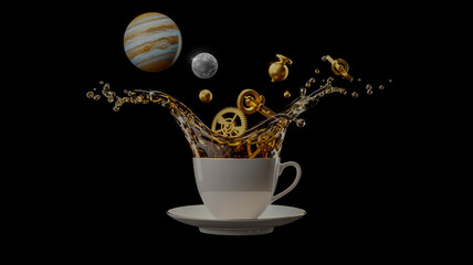 A photorealistic image of a white ceramic teacup and saucer against a pure black background.