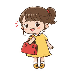 Fototapeta premium Girl with red purse in yellow dress. Ideal for fashion accessories, children's style guides, or shopping experience illustrations.