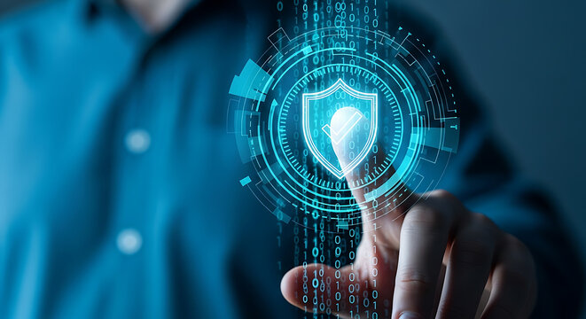 Digital security shield with binary code cybersecurity data protection