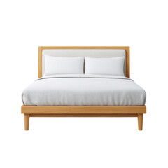 Modern Minimalist Bedroom with Cozy White Bedding on Stylish Wooden Bed Frame and Plush Pillows Transparent background or PNG