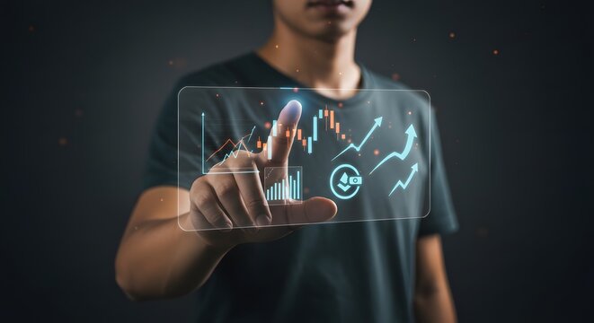 Man Interacting with Futuristic Financial Data Interface, Investment Concept.