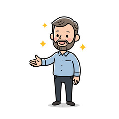 Obraz premium Man with welcoming gesture in blue shirt. Ideal for customer service, hospitality, and friendly business approach concepts.