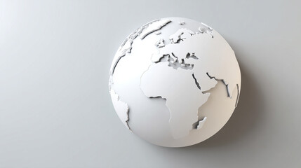 Minimal white globe icon on a clean blank background with ample caption space on the side. Simple, modern design symbolizes global connection, internet, communication, or worldwide access.

