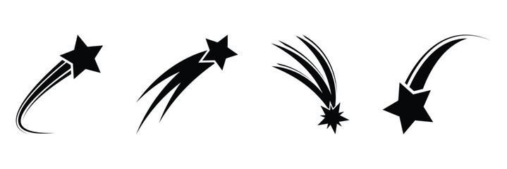 Abstract shooting star, falling star with a powerful trail star on a white background. Meteoroid, comet, speed line, motion vortex, asteroid, speed motion icon set. Vector illustration. EPS 10