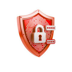 Escudo Segurança Cadeado Tecnologia Icon Vermelho e Branco Brilhante Elemento 3D Render PNG Transparente Security Shield Padlock Technology