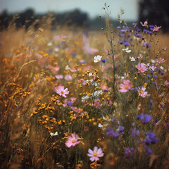 Obraz premium Professional photo of endless summer field with rare amazing wildflowers. Fine art style.