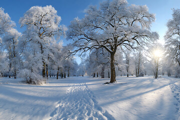 Obraz premium Frosted trees line a snowy path under a bright blue sky winter landscape