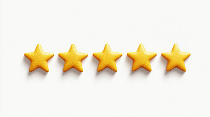 Simple yellow five-star rating icon on a clean, blank background. Minimalist concept for customer reviews, quality feedback, or product ratings. Ample caption space on the side.

