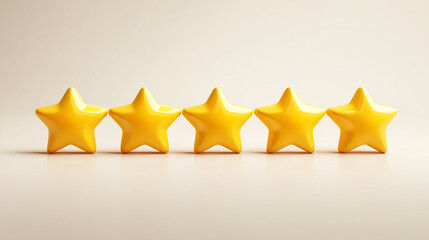 Simple yellow five-star rating icon on a clean, blank background. Minimalist concept for customer reviews, quality feedback, or product ratings. Ample caption space on the side.


